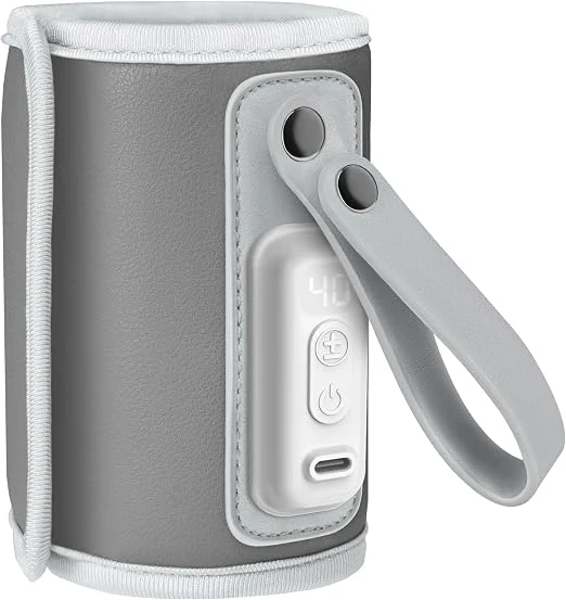 Lionelo Thermup Go Chauffe-Biberon Portable USB-C, 5 Températures 38-50°C | Écran LCD, silencieux, large bande auto-agrippante, similicuir PU, USB-C via powerbank, biberons jusqu’à 70 mm, Gris Argent